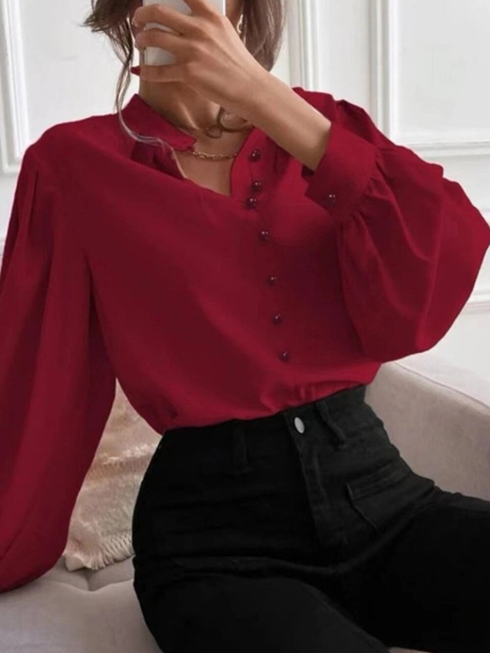 Elegant Red Puff Sleeve Button Blouse – Chic Long Sleeve Statement Top | M–XL